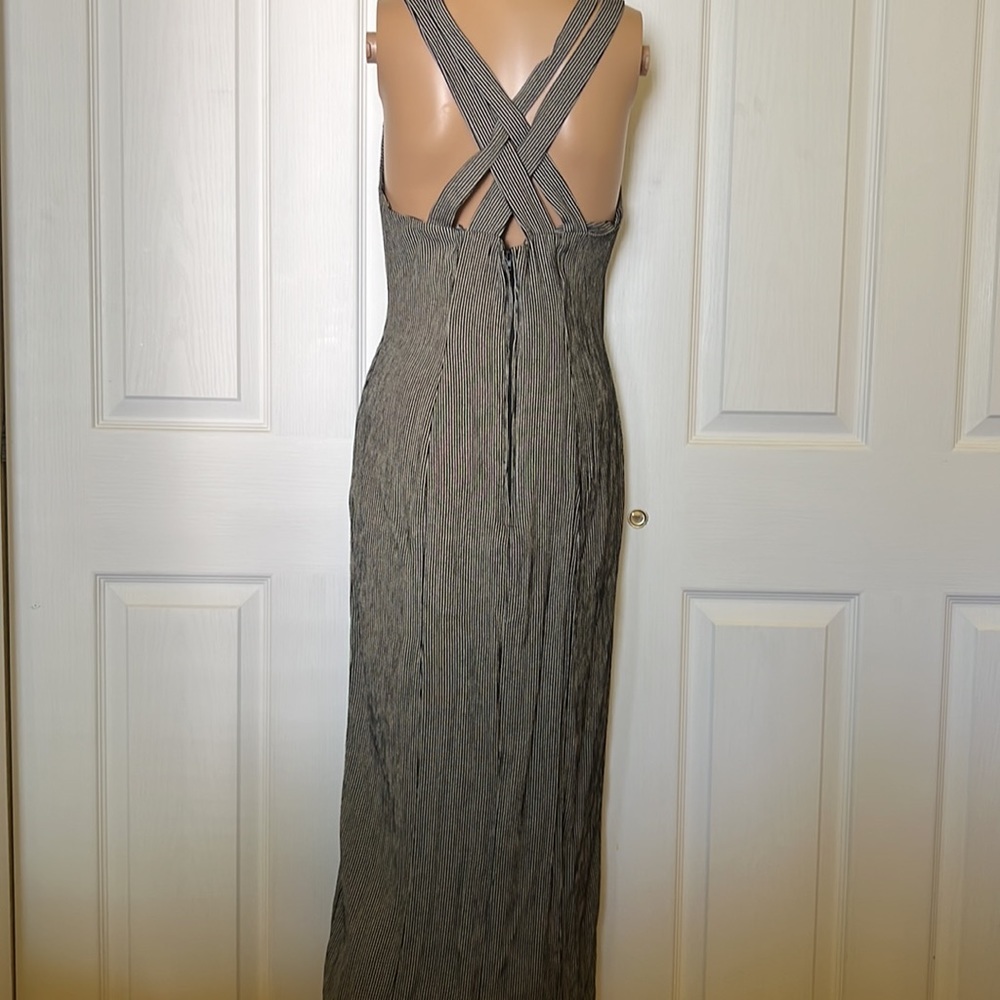 Breakin Loose mid calf pinstripe sundress front kick pleat crisscross back 7/8